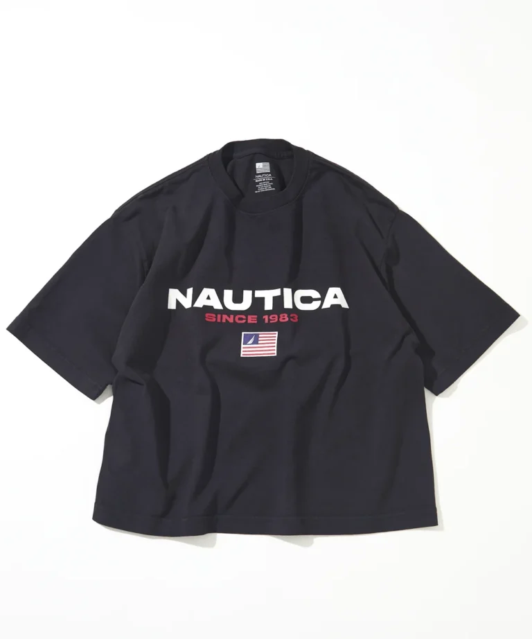 Navy Nautica Made in USA oversized T-shirt with collegiate-style USA lettering and heritage flag graphic across the chest