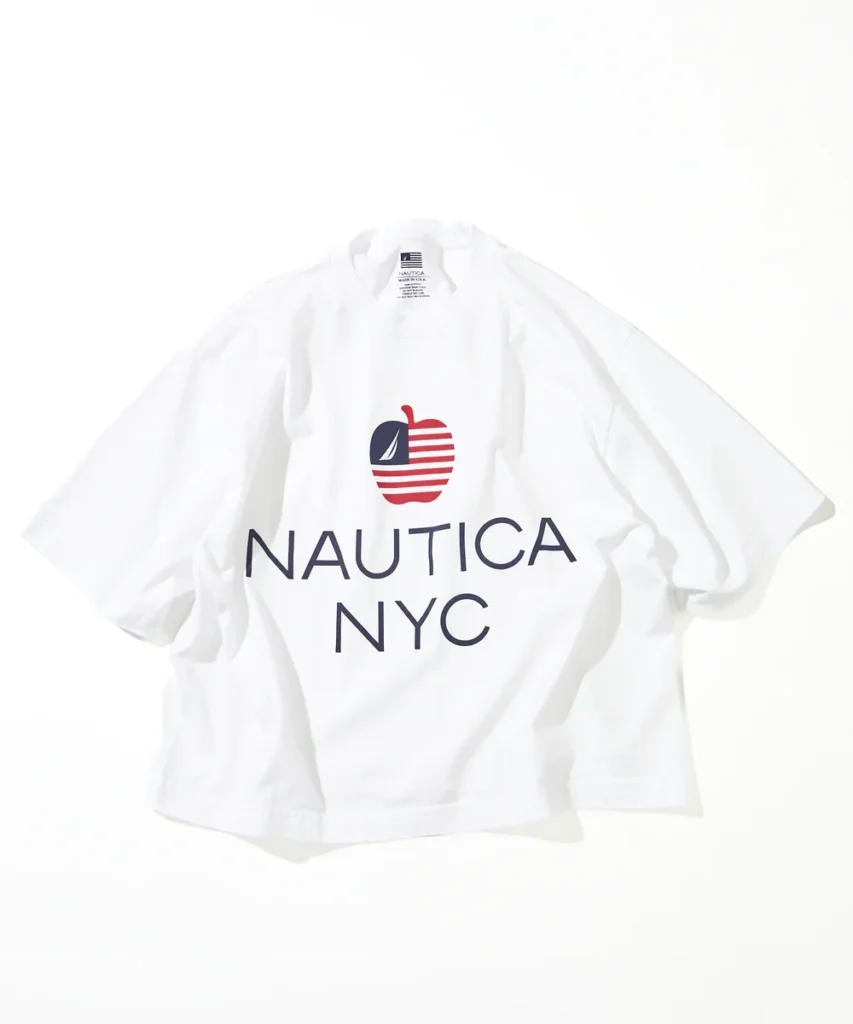 White Nautica Made in USA oversized T-shirt showcasing Nautica NYC branding with New York-inspired heritage graphic