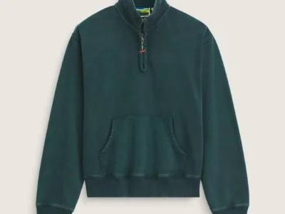 Dark teal quarter-zip pullover sweatshirt with a washed vintage finish, featuring a high mock-neck collar, relaxed oversized silhouette, ribbed cuffs and hem, and a large kangaroo pocket at the front against a minimal neutral background