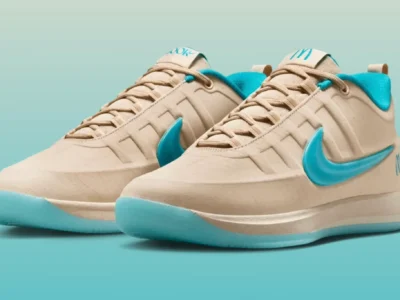 McDonald’s x Nike Book 2 “Sedona” shoe shown in angled studio view with sand-toned uppers, bright turquoise Swooshes, and translucent icy outsoles inspired by Sedona’s famous turquoise arches