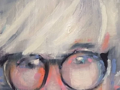 Expressive portrait painting of Andy Warhol with pale silver hair and oversized dark glasses, rendered in layered oil brushstrokes against a deep charcoal background with soft pink and blue highlights