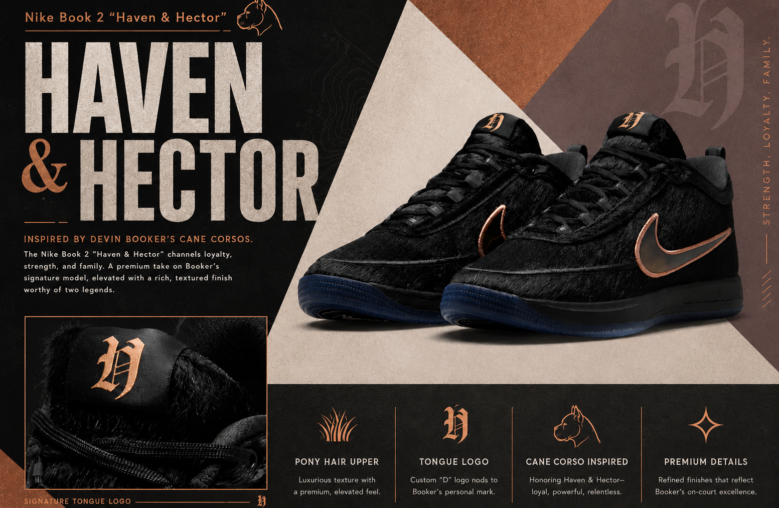 Promotional Nike Book 2 “Haven & Hector” graphic featuring black pony hair shoe, bronze Swoosh accents, Cane Corso-inspired branding, and premium detail callouts