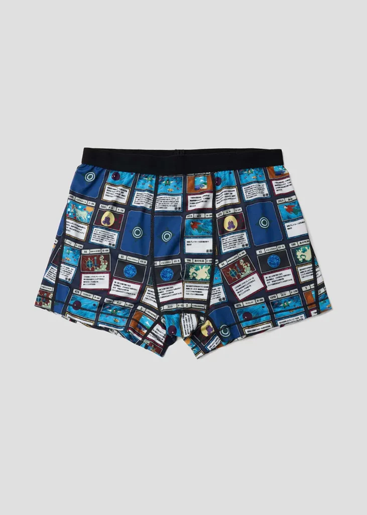 Printed boxer briefs covered in collectible card-inspired graphics and illustrated panel artwork in blue and black tones