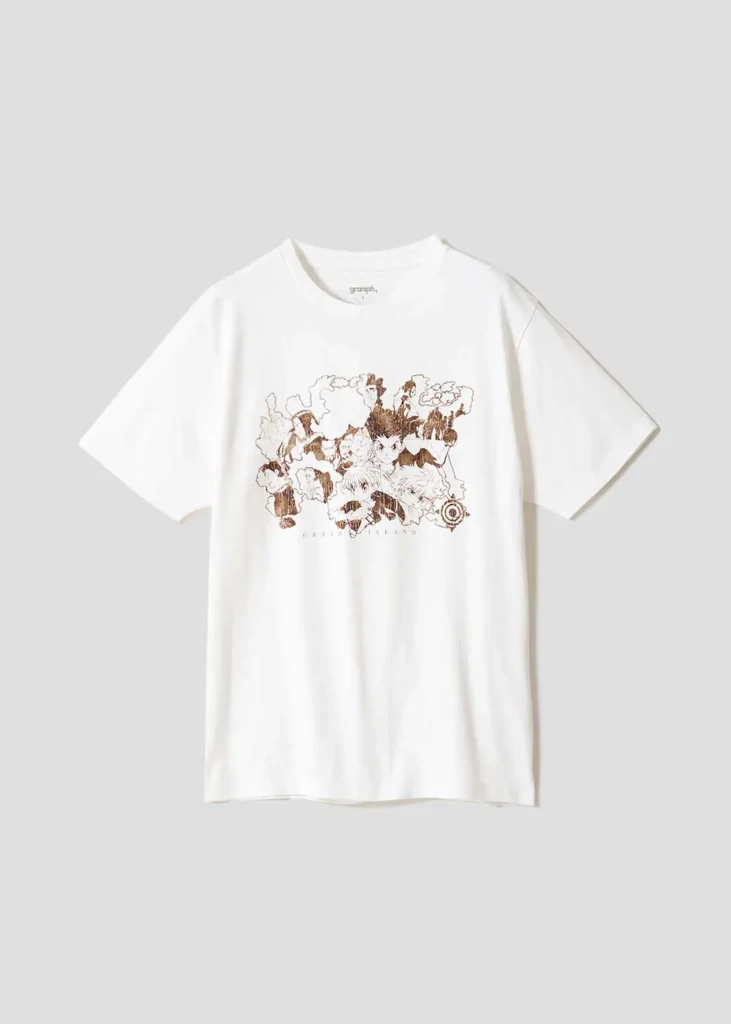 White T-shirt featuring a collage of illustrated anime characters and layered sketch-style graphic composition