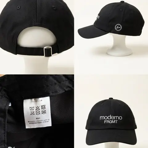 Multi-angle product layout of the black Moderno x FRGMT baseball cap highlighting the adjustable strap closure, curved brim construction, interior label detailing, and Hiroshi Fujiwara’s signature Fragment lightning bolt emblem