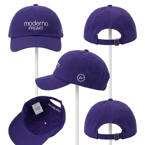 Detailed studio layout of the purple Moderno x FRGMT baseball cap from multiple angles, showcasing embroidered branding, adjustable back closure, curved brim construction, and the signature Fragment lightning bolt side emblem