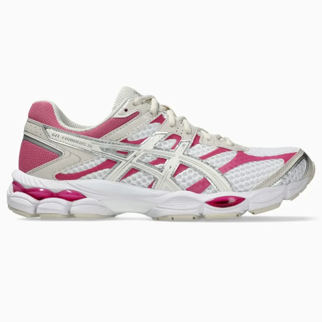 Side profile product image of the ASICS GEL-CUMULUS 16 in white, cream, and pink, highlighting the layered ASICS stripe overlays, breathable mesh upper, and view GEL cushioning detail