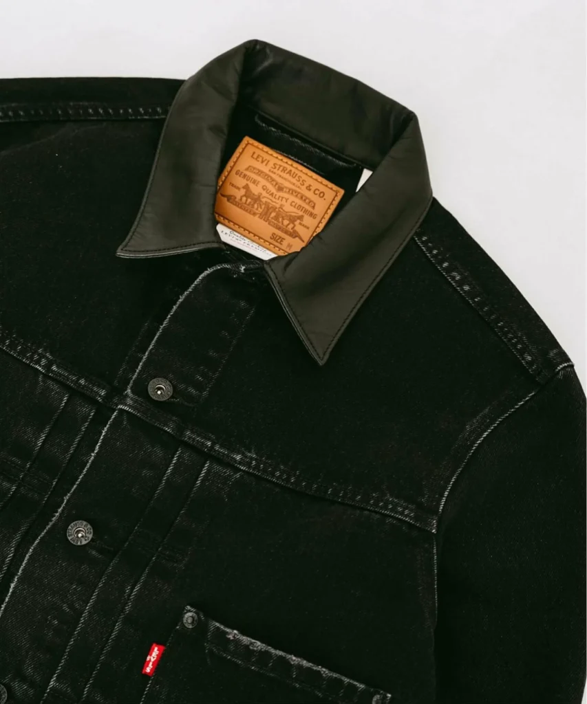 Alternative front angle of the ÉDIFICE x Levi’s black denim jacket emphasizing its boxy silhouette, vintage proportions, and modernized detail