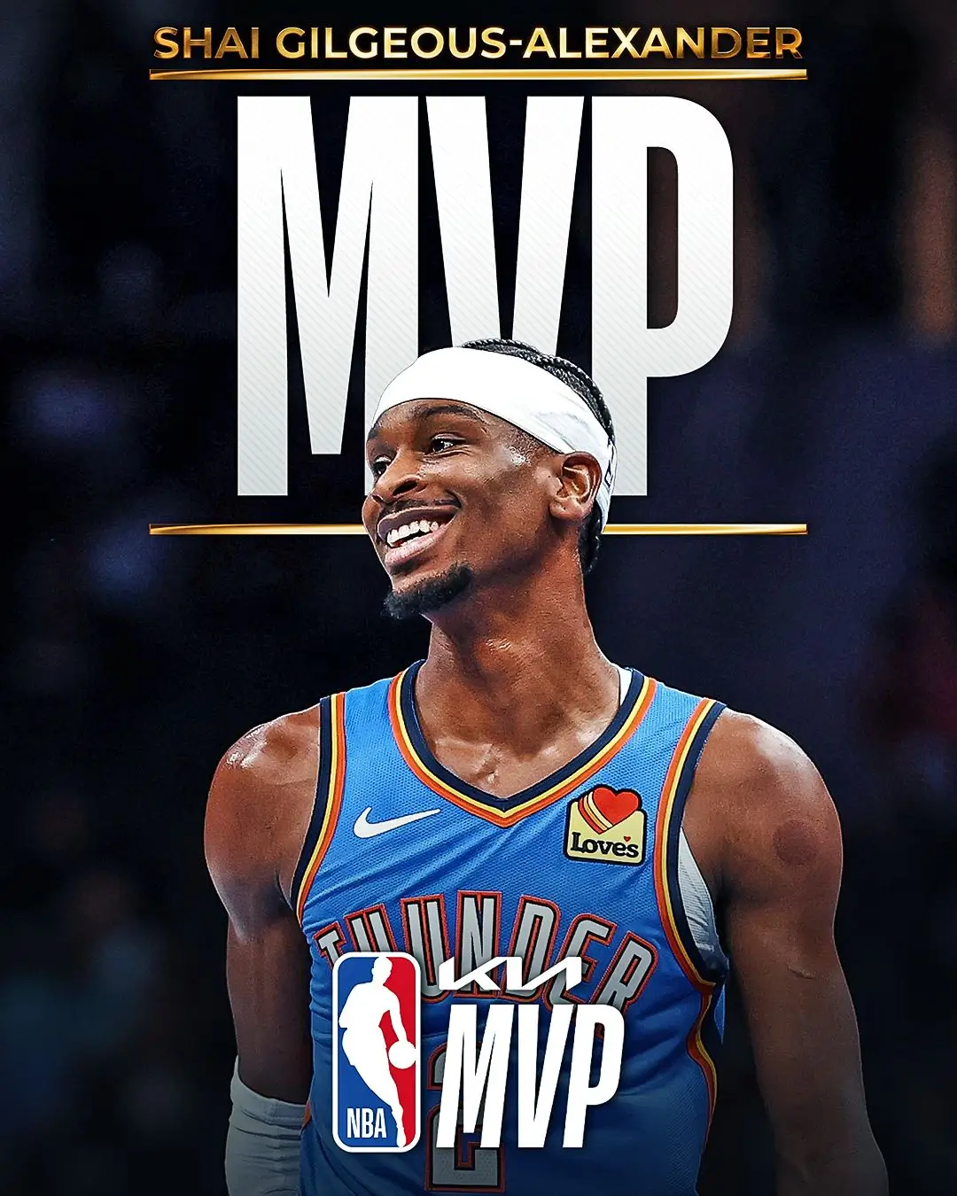 Shai Gilgeous-Alexander smiling in an Oklahoma City Thunder jersey beneath oversized “MVP” typography after winning the 2025-26 Kia NBA MVP award, with dark arena lighting and gold-accented graphics framing the celebratory portrait
