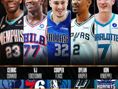 Official NBA graphic announcing the 2025–26 Kia All-Rookie First Team featuring five portrait panels of the selected rookies: Cedric Coward of the Memphis Grizzlies, VJ Edgecombe of the Philadelphia 76ers, Cooper Flagg of the Dallas Mavericks, Dylan Harper of the San Antonio Spurs, and Kon Knueppel of the Charlotte Hornets. Team logos appear beneath each player, with bold gold-and-black Performance Awards branding across the bottom