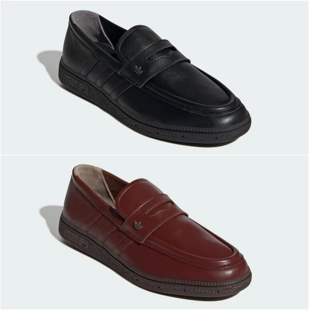 Comparison product image featuring two colorways of the adidas Originals HANDBALL SPEZIAL LOAFER PREMIUM, with the black leather edition shown on top and the rich Fox Brown leather edition below. Both silhouettes feature penny-loafer inspired straps with subtle Trefoil accents, tonal Three Stripes detailing, rounded moc-toe construction, and textured low-profile soles that reinterpret adidas terrace heritage through an elevated slip-on design