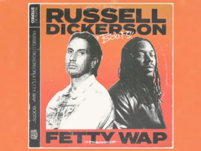 Album artwork for Russell Dickerson and Fetty Wap’s 2026 single “Boots,” featuring monochromatic portrait photography of both artists against a faded orange background with bold vintage-style typography and distressed cassette-era design details