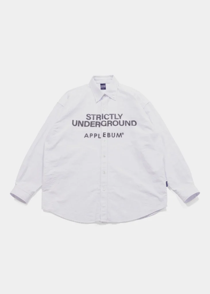 White APPLEBUM Print OX BD Shirt 2520205 with “Strictly Underground” chest print front view