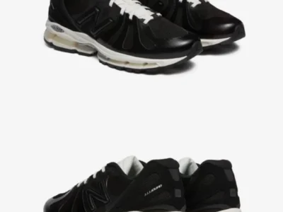 Black and cream retro-inspired running shoe with mesh uppers, glossy black overlays, white laces, and segmented cushioned midsoles shown from front and rear angles against a light gray background