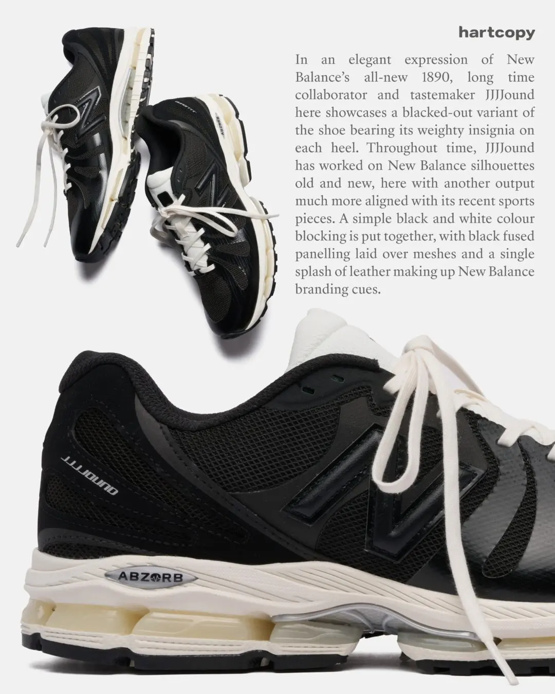 Editorial collage featuring the black and cream New Balance 1890 by JJJJound sneaker with glossy fused overlays, breathable black mesh, oversized off-white laces, visible ABZORB cushioning, and descriptive campaign text on a light gray background