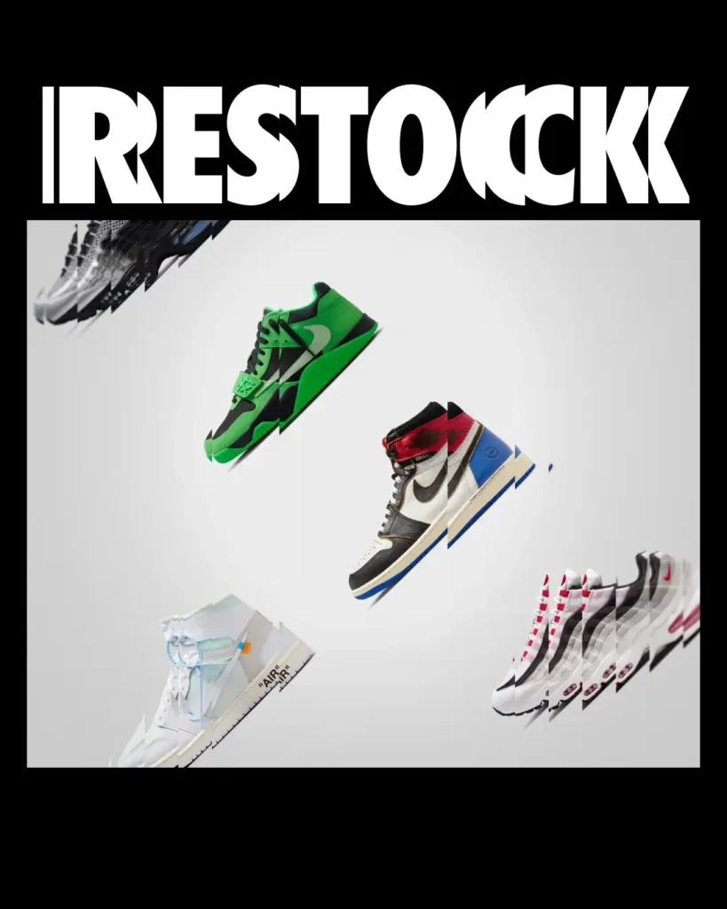 Graphic restock announcement featuring multiple floating sneaker silhouettes with motion blur effects arranged around bold “RESTOCK” typography