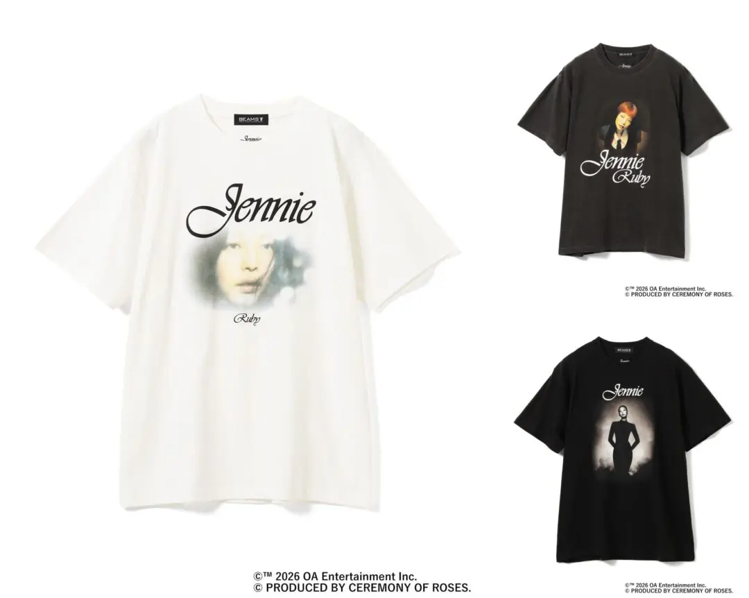 Vintage-inspired Jennie x BEAMS graphic T-shirts in white and black colorways featuring faded portrait photography, retro script typography, and oversized streetwear silhouettes inspired by early-2000s music merch aesthetics
