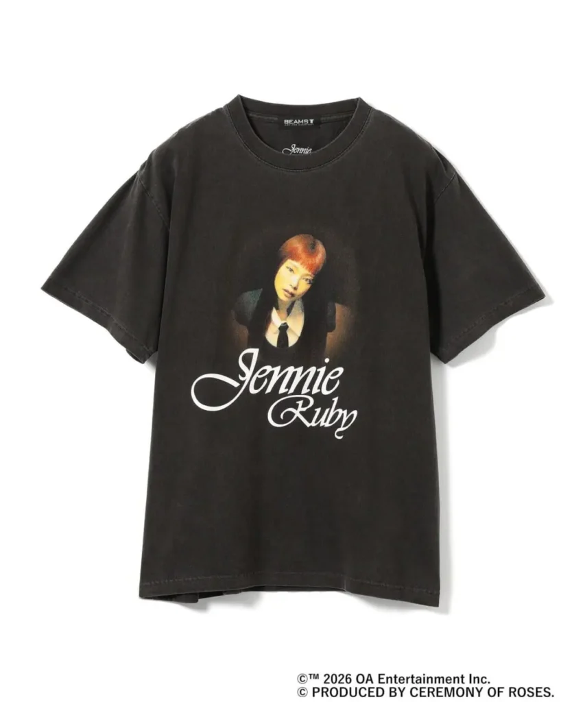 Black Jennie x BEAMS vintage-washed graphic T-shirt featuring warm-toned portrait artwork, oversized “Jennie Ruby” script typography, and retro-inspired music merch style