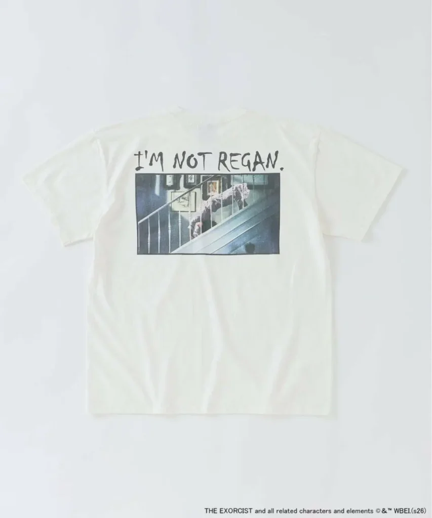Back view of off-white The Exorcist graphic T-shirt featuring the phrase “I’M NOT REGAN.” above a distressed staircase film still