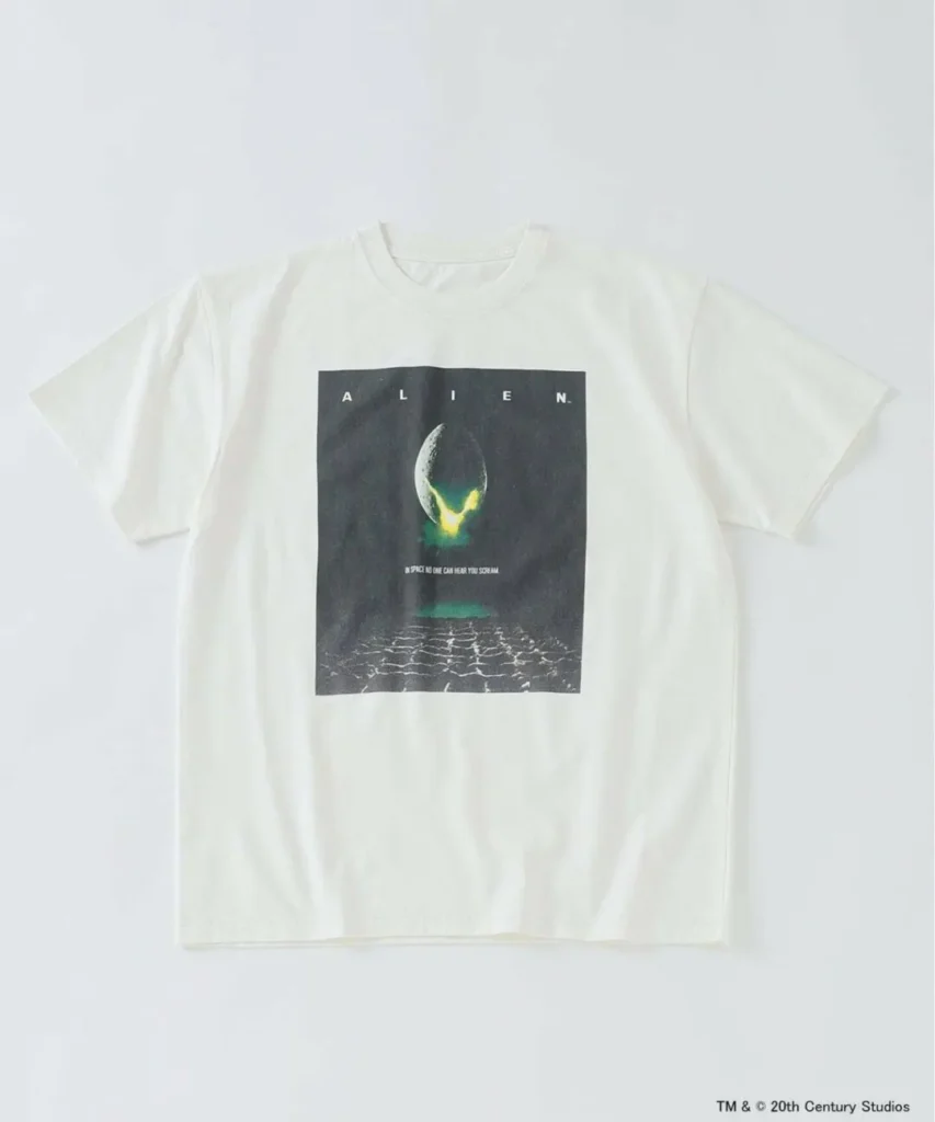 Front view of off-white Alien T-shirt featuring the classic egg poster artwork and atmospheric sci-fi composition