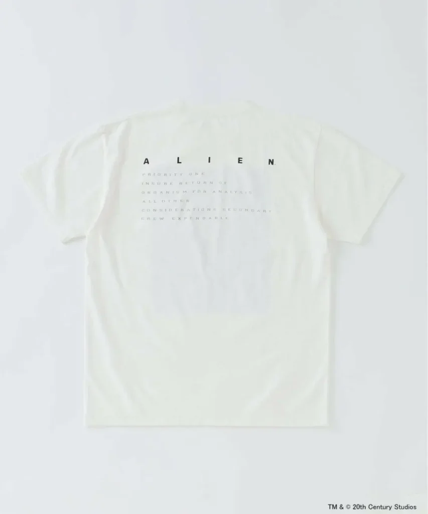 Back view of off-white Alien graphic T-shirt featuring “Priority One” mission text inspired by the film’s Weyland-Yutani directive layout