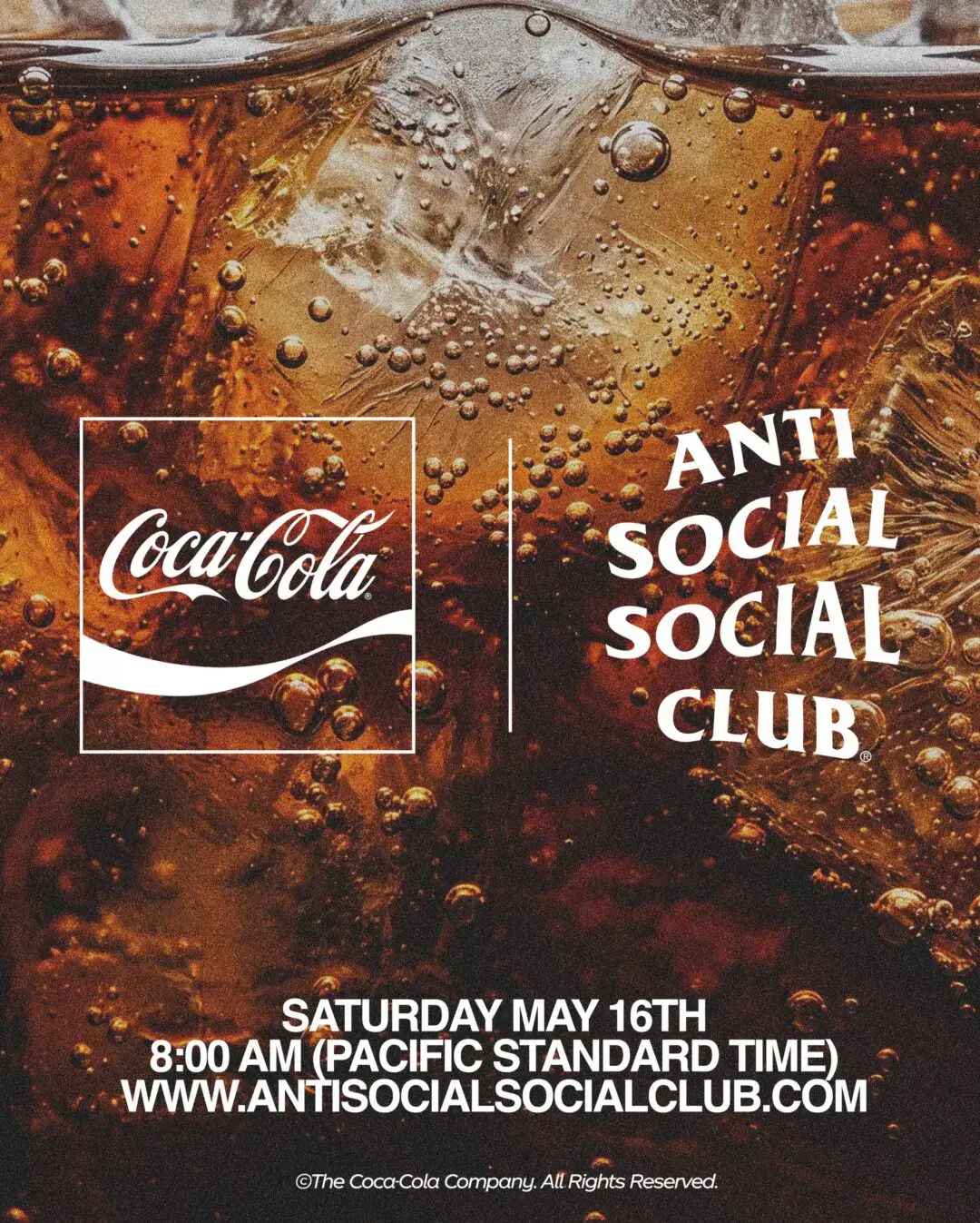 Promotional graphic for the Coca-Cola x Anti Social Social Club collaboration featuring fizzy cola bubbles, ice textures, and dual-brand logos announcing the May 16 release date and online launch details