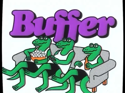 Illustrated graphic featuring three relaxed green cartoon crocodiles lounging on a white couch while watching television. One crocodile holds a bowl of popcorn, another has a remote control, and the third holds a drink. Above them is the word “Buffer” in large purple retro-style letter
