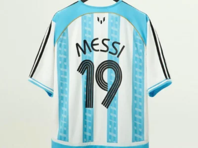 Rear view of a premium football jersey inspired by Argentina’s iconic home colors, featuring sky-blue vertical stripes, black shoulder detailing, and “MESSI” above the number 19 in a custom graphic type treatment. The shirt hangs on a minimalist black hanger against a clean studio backdrop, highlighting its heritage-inspired yet elevated lifestyle design