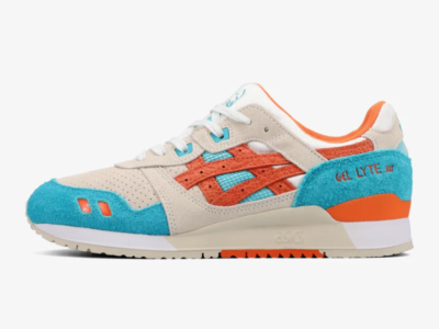 ASICS GEL-LYTE III shoe in cream suede with turquoise overlays, orange side stripes, perforated detailing, split tongue construction, and an off-white midsole against a light gray background