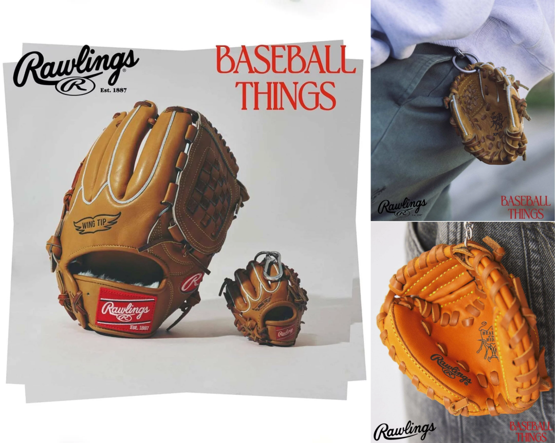 Editorial campaign collage for Rawlings “Baseball Things” featuring oversized tan leather baseball glove accessories styled as collectible fashion objects, including a miniature glove keychain and catcher’s mitt pouch photographed with heritage sportswear-inspired branding and vintage athletic aesthetics