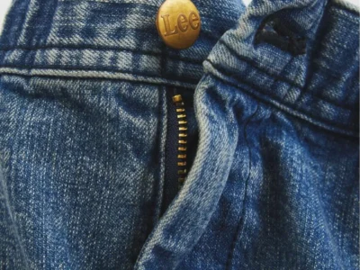 Close-up view of the JOURNAL STANDARD relume x Lee Buggy Painter Denim Shorts featuring an elasticated waistband, brass Lee-branded button, zipper fly, and faded blue denim texture