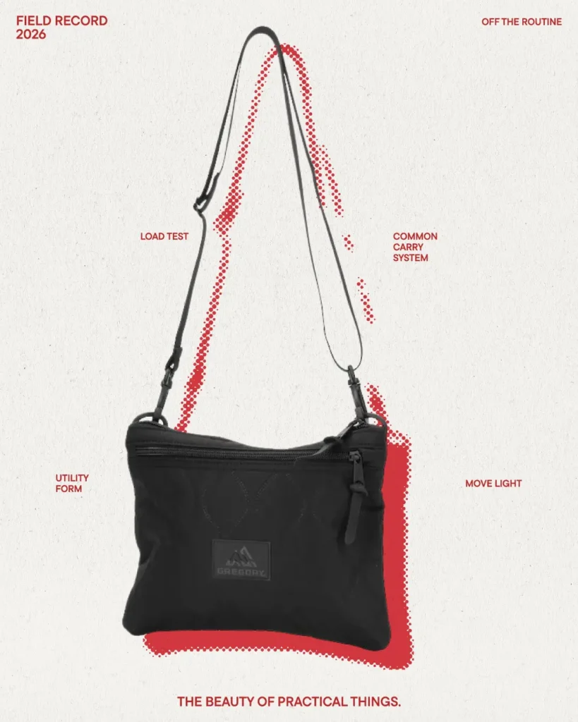 Slim black GREGORY shoulder pouch with elongated strap and quilted texture shown in lightweight carry campaign style