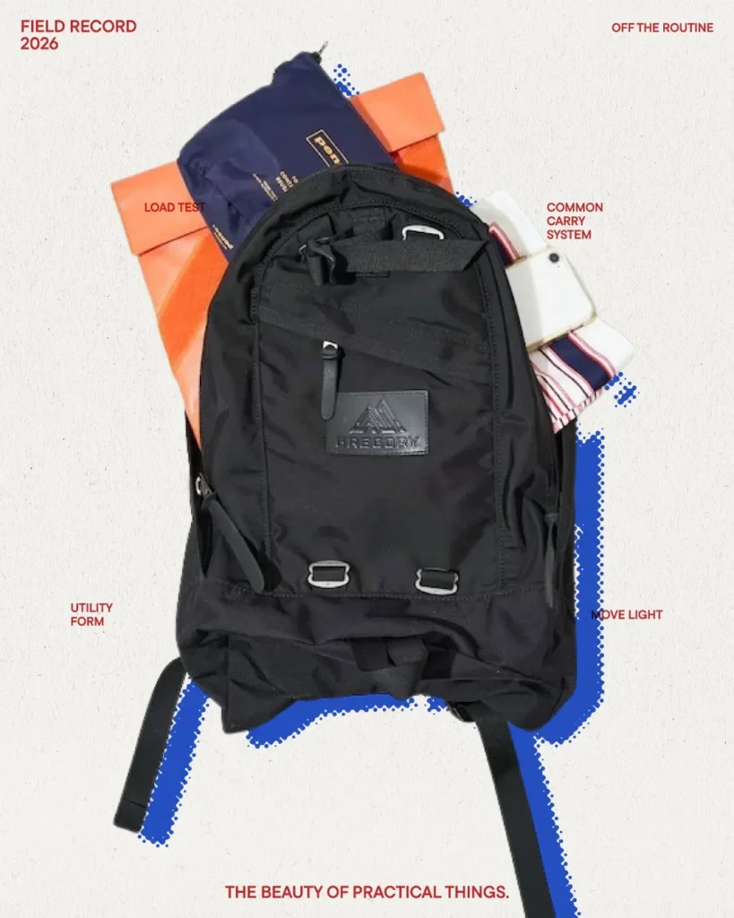 GREGORY black backpack with utility straps and spacious storage displayed with packed daily essentials in campaign presentation