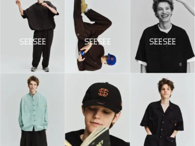 Six-panel SEE SEE fashion campaign collage featuring a young model styled in relaxed contemporary streetwear. Looks include oversized black sets, a mint mandarin-collar shirt with wide shorts, a dark utility short-sleeve set, and branded caps. The model is shown standing, reclining upside down, reading a book, and candidly smiling against a minimal light gray studio backdrop