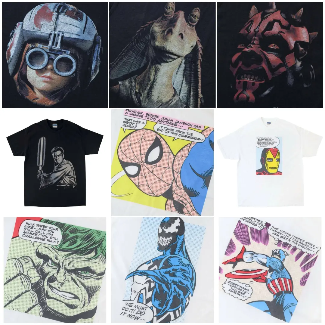 Grid layout showcasing VARIEGATOR vintage-style licensed graphic T-shirts featuring comic-inspired Marvel prints and cinematic Star Wars character portraits, including Spider-Man, Hulk, Venom, Iron Man, Captain America, Darth Maul, Jar Jar Binks, Obi-Wan Kenobi, and a retro pilot graphic in faded archival-style artwork