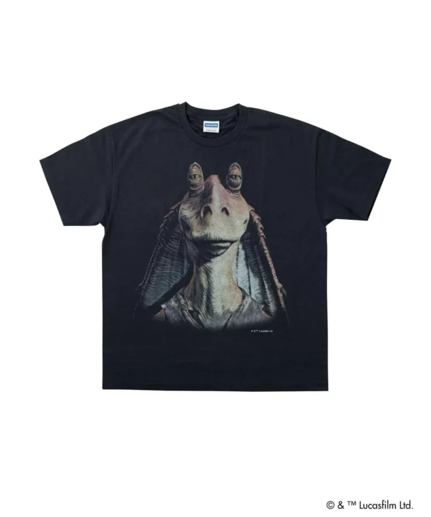 Black VARIEGATOR short-sleeve T-shirt featuring a large vintage-inspired portrait print of Jar Jar Binks with faded archival style