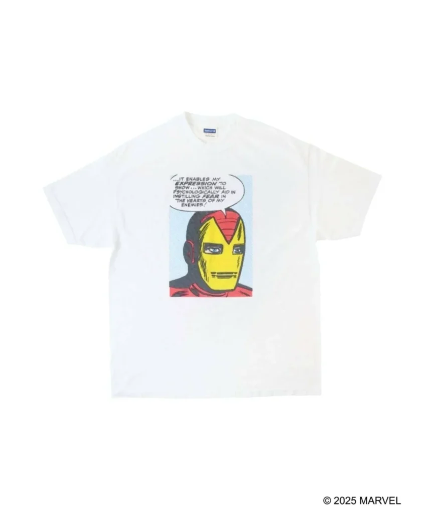 White VARIEGATOR T-shirt featuring a classic comic-panel Iron Man portrait with speech bubble graphics and faded old-print style