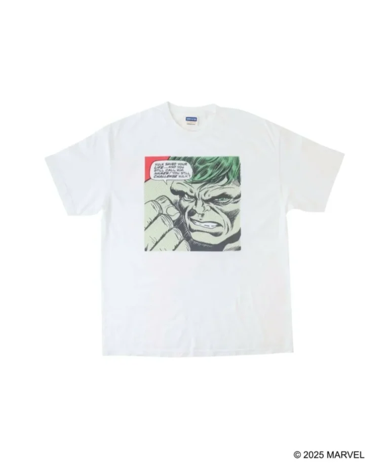 White VARIEGATOR short-sleeve graphic T-shirt featuring a vintage comic-panel illustration of Hulk in close-up with distressed print detailing and retro comic text elements