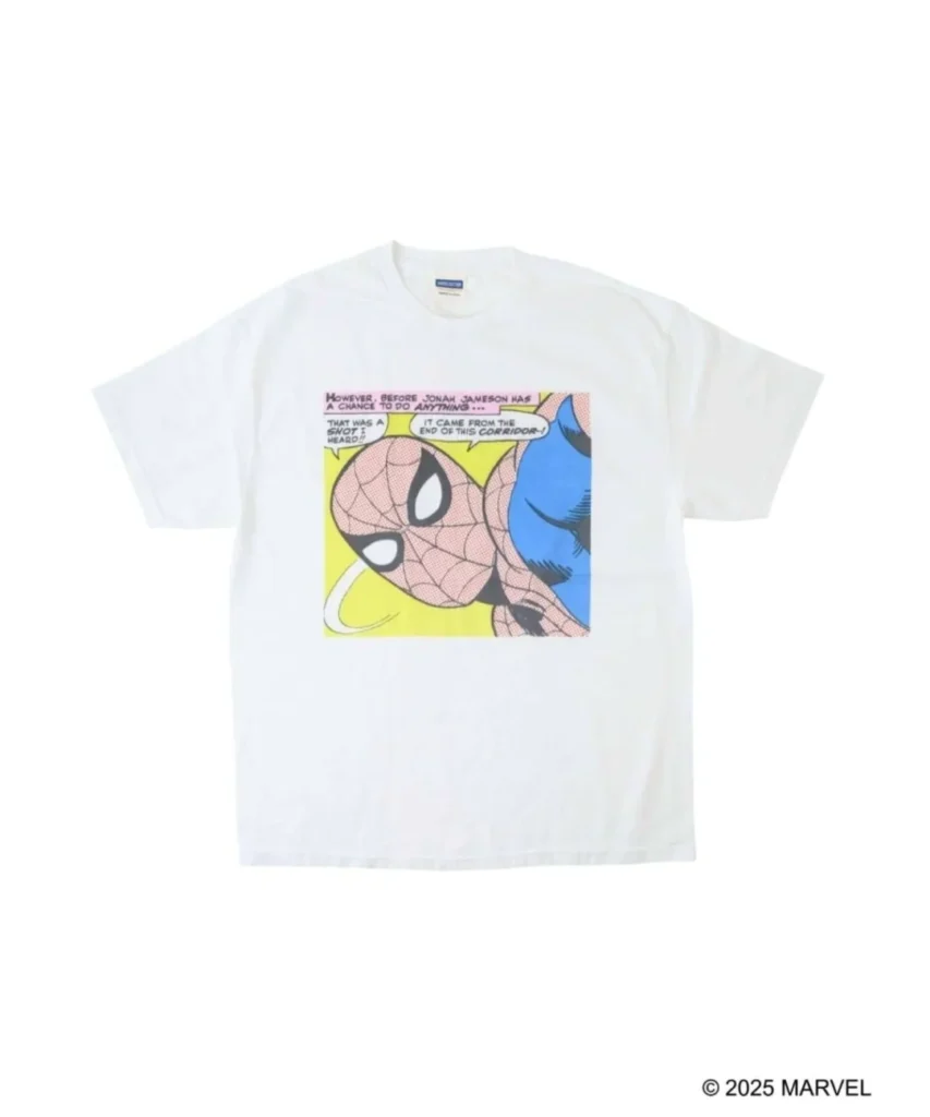 White VARIEGATOR graphic T-shirt featuring a classic comic-book Spider-Man illustration peeking into frame with speech bubbles and aged halftone-style print effects