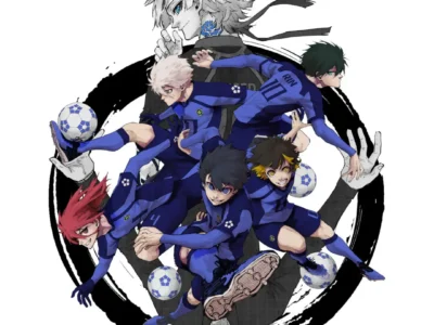 Promotional illustration for a Blue Lock × UT collaboration featuring multiple anime soccer players in dynamic action poses wearing blue uniforms, surrounded by custom white-and-blue soccer balls and layered over a black brushstroke circle, with a larger monochrome character portrait in the background and collaboration logos at the top