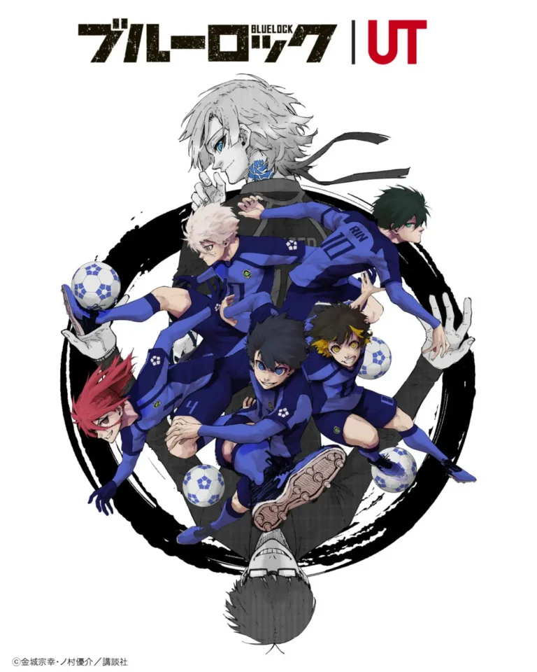 Promotional illustration for a Blue Lock × UT collaboration featuring multiple anime soccer players in dynamic action poses wearing blue uniforms, surrounded by custom white-and-blue soccer balls and layered over a black brushstroke circle, with a larger monochrome character portrait in the background and collaboration logos at the top
