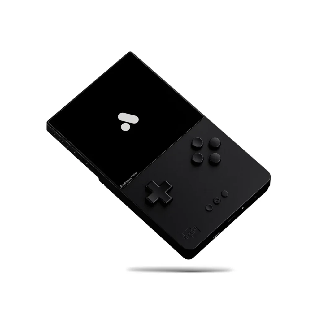 Floating black Analogue Pocket Aluminum handheld console rendered against a clean light-gray background, showcasing its CNC-machined all-metal enclosure, monochromatic button layout, sharp rectangular display, and minimalist industrial design language that reinterprets the classic Game Boy silhouette through a luxury hardware aesthetic