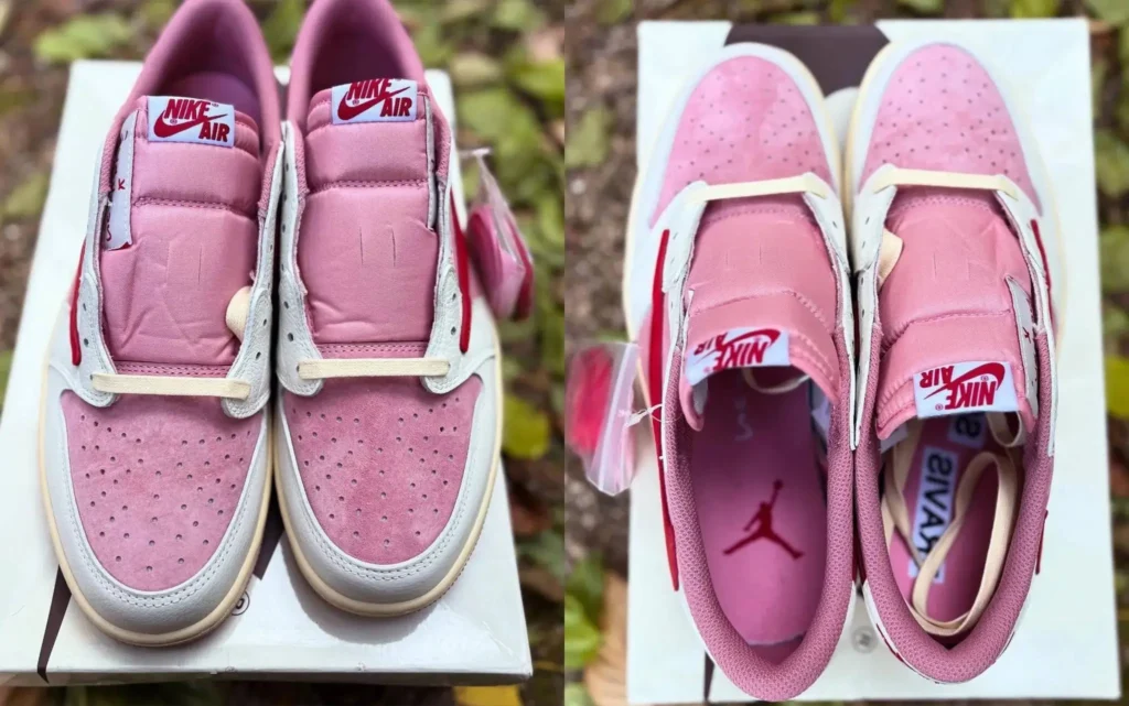 Close-up overhead view of the Travis Scott x Air Jordan 1 Low OG “Shy Pink” showcasing pink suede toe boxes, cream overlays, exposed foam tongues, and signature Cactus Jack detailing atop the shoebox
