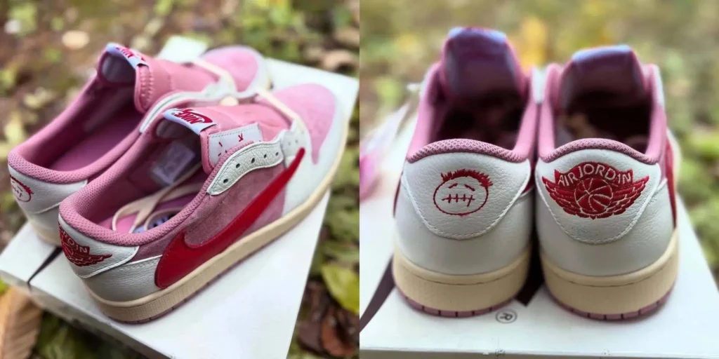 Detailed rear and side view of the Travis Scott x Air Jordan 1 Low OG “Shy Pink,” highlighting the glossy red reversed Swoosh, embroidered Wings logo, and signature Cactus Jack heel branding