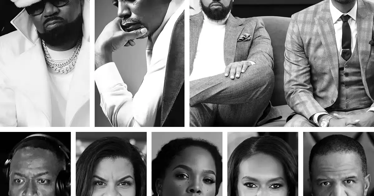 Black-and-white promotional collage featuring multiple sharply styled portrait crops of speakers and performers. The composition combines close-up and seated editorial portraits with tailored suiting, statement accessories, and direct camera gazes, creating a polished event-campaign aesthetic centered on culture, leadership, and entertainment