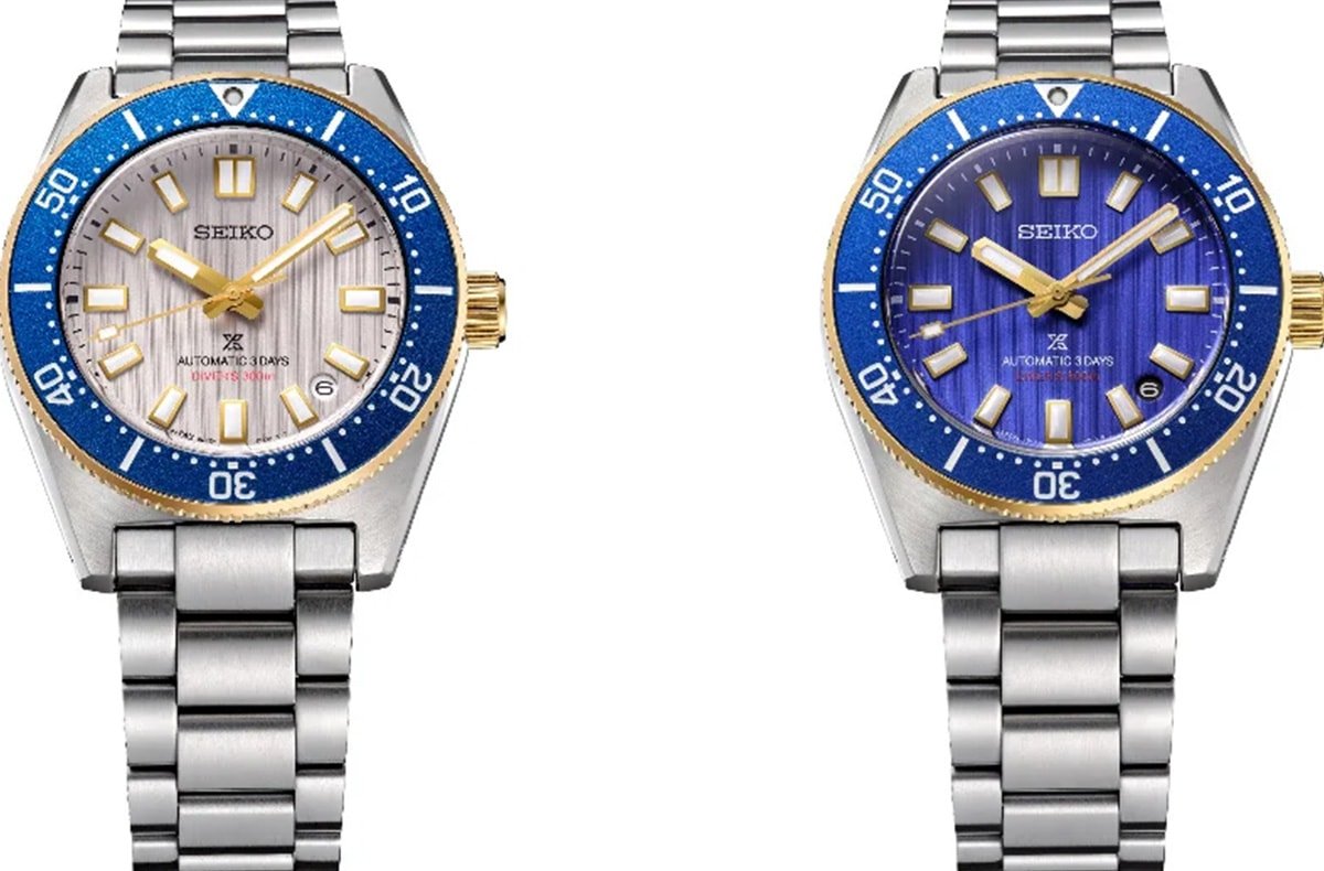 Both versions side-by-side: SBDC222 (silver striped dial) and SBDC224 (Dodgers blue dial). Limited to 1,700 pieces each. 40mm, 300m divers with gold accents honoring Ohtani’s MVP legacy