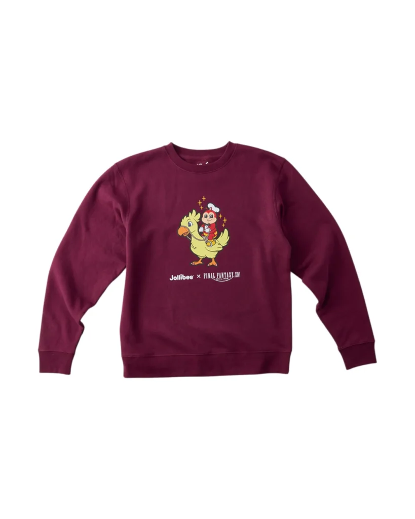 Burgundy Jollibee x FINAL FANTASY XIV crewneck sweatshirt featuring Jollibee riding a yellow chocobo with co-branded fantasy gaming graphics across the chest