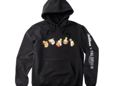 Black Jollibee x FINAL FANTASY XIV hoodie with playful moogle graphics across the chest and collaboration branding running down the sleeve