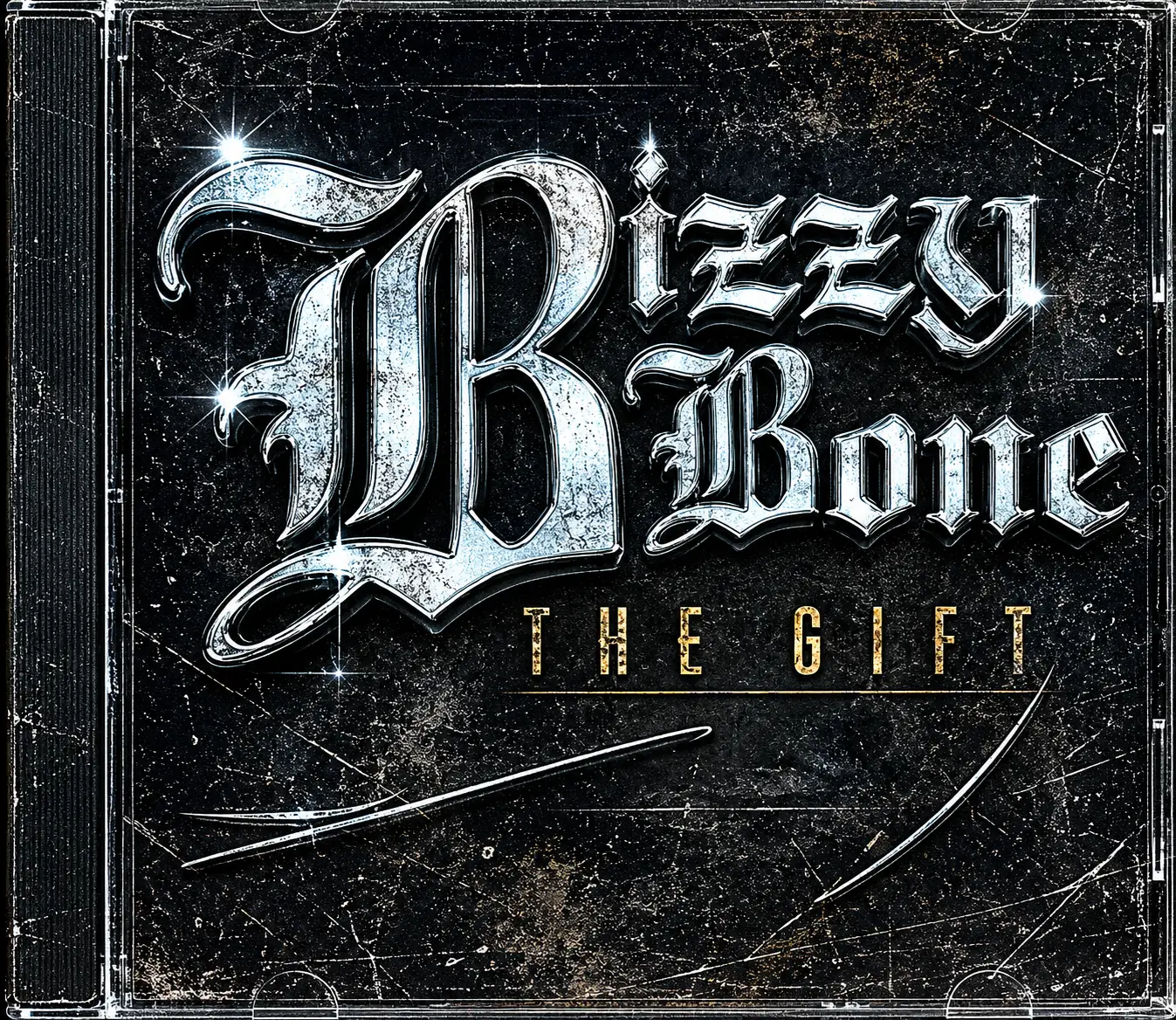 Grainy, distressed reinterpretation of the The Gift album cover featuring large metallic gothic lettering reading “Bizzy Bone” over a smoky black background, framed inside a scratched CD jewel case with heavy film texture, worn edges, and vintage hip-hop mixtape energy