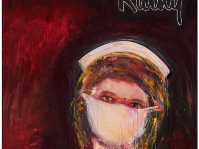 Richard Prince’s “Nurse Kathy” painting featuring a masked nurse in a white uniform against a dark red and black background, with dripping acrylic paint effects and the handwritten title “Nurse Kathy” above the figure